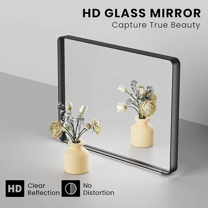 JISOSO Black Bathroom Mirror 38X38 Inch, Black Metal Framed Mirror for Wall, Rounded Rectangle Matte Bathroom Vanity Mirror with Tempered Glass, Anti-Rust, Horizontal/Vertical - ModernBath