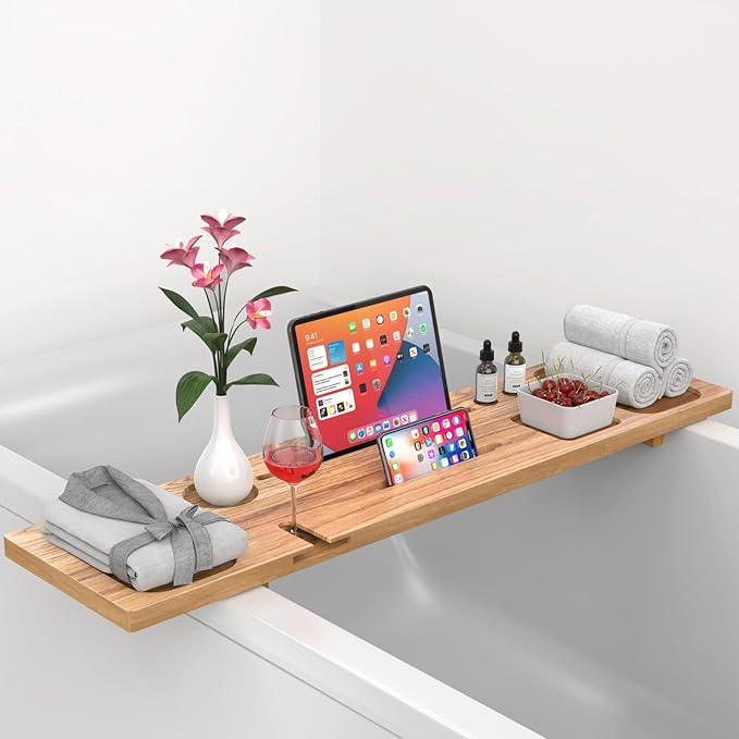MUNNAR Bathtub Tray for Freestanding Bath, Solid Pine Wood Bath Tray for Tub, Bath Caddy for Home Spa, Adjustable Bathtub Trays for Tub, with Bathtub Accessories Holders, Patent Design, 35x9 - ModernBath