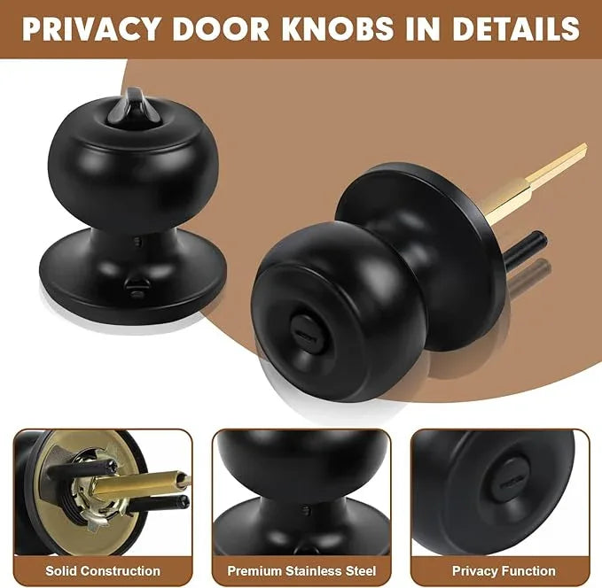 Privacy Door Knobs, 10 Pack Matte Black Door Knobs with Lock, Bed and Bath Door Knob Interior Keyless Locksets, Round Door Handles Reversible for Left Right Handed Doors - ModernBath