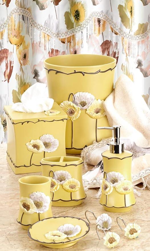 Zahari Home 4pc Poppy Fields Yellow Bathroom Accessories Set Hand Soap Dispenser, Tumbler, Tooth Brush Holder and Soap Dish Modern Contemporary Decor Complete Bathroom Sets with Shower Curtains - ModernBath