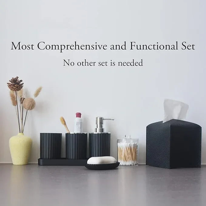Bathroom Accessory Set - 10 Piece Black Bathroom Accessories Set with Trash Can, Toothbrush Holder and Cup, Soap Dispenser, Soap Dish, Toilet Brush Holder, Vanity Tray, Qtip Holder, Tissue Box Cover - ModernBath
