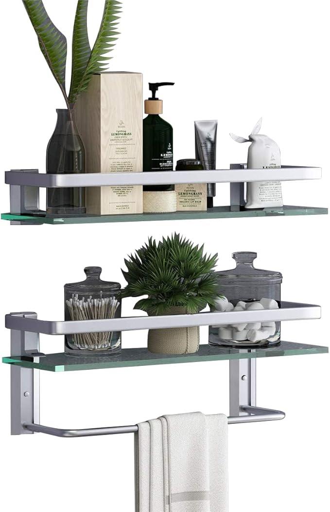 VOLPONE Glass Bathroom Shelf 15.7in Bathroom Shelf Wall Mounted Floating Glass Shelves with Towel Holder Glass Shelf for Bathroom 2 Tier (Sliver) - ModernBath