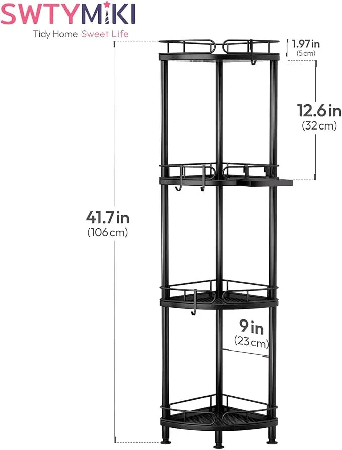 SWTYMIKI Corner Shower Caddy Standing - 4 Tier Stainless Steel Shower Organizer Stand with 4 Hooks & Soap Holder, Rustproof Metal Standing Tall Floor Shower Shelf and Bathroom Organizer, Black - ModernBath