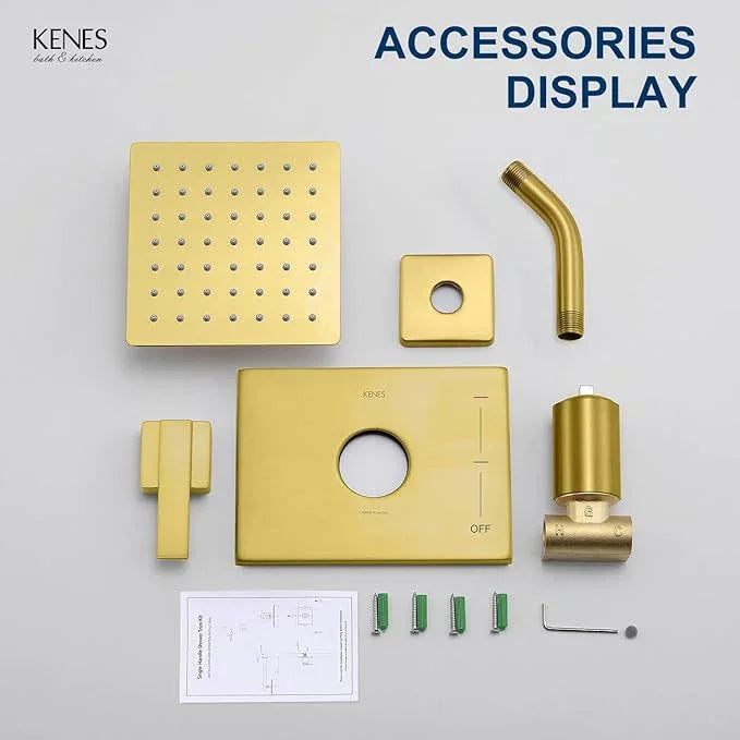 KENES Brushed Gold Shower Faucet, Modern Square 6-Inch Shower Head and Handle Set, Bathroom Rainfall Shower System Wall Mount, KE-6025B-4 (Including Shower Valve) - ModernBath