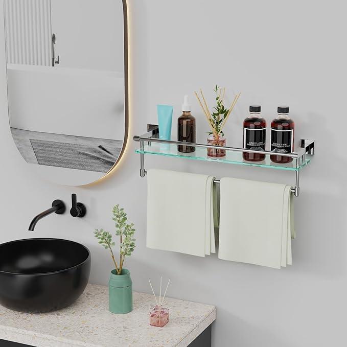 24 Inches Floating Glass Shelves for Wall with Towel Bar/Track, SUS 304 Stainless Steel Railing Tempered Glass Shelf, for Toilet, Room Decor Modern (Chrome Polished, 24-inch) - ModernBath
