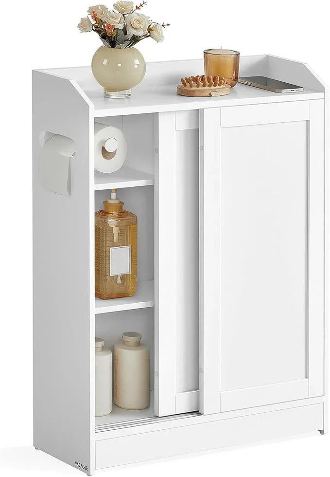 VASAGLE Narrow Storage Cabinet, Slim Floor Cabinet with Sliding Doors, Toilet Paper Holder and Brush Compartment, for Bathroom and Living Room, 7.9 x 23.6 x 31.5 Inches, Cloud White UBBC752W01 - ModernBath