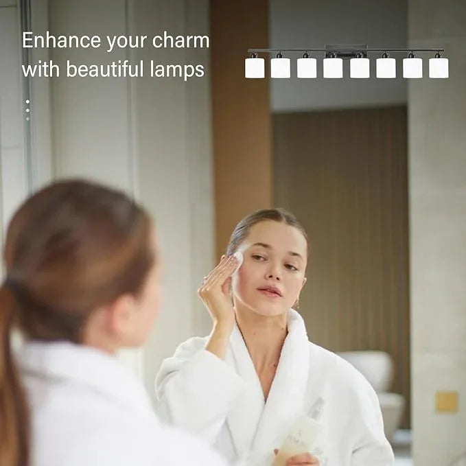 FAISHILAN 8 Light Black Bathroom Light Fixtures Over Mirror for Big Mirror, Modern Bathroom Lighting with Milky White Frosted Glass Shades,51 inch Lights for Vanity for Mirrors, E26 - ModernBath