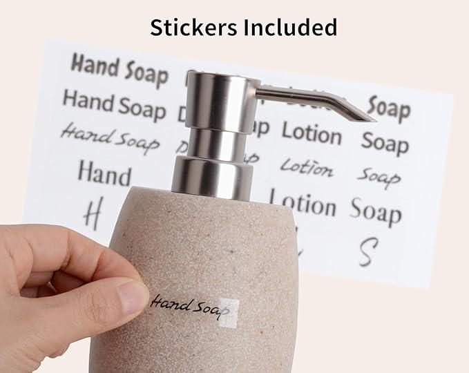 Clasin Home Sandstone Textured Resin Soap Dispenser with Metallic Pump and Waterproof Bottle Labels for Bathroom Kitchen Dish Hand Wash Shower Lotion Shampoo, 12 Oz, 2 Sets Beige - ModernBath