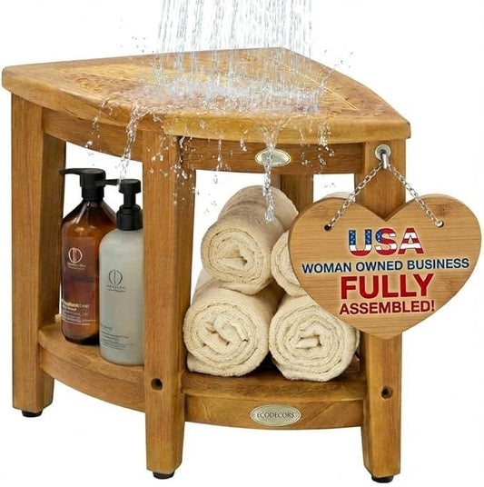 EcoDecors Fully Assembled SnazzyCorner® 18" Teak Shower Bench, Corner Shower Stool, w Shelf in Earthy Teak Finish, Compact Fit for Small Bathrooms & Walk-in Showers – Slip-Resistant Feet - ModernBath