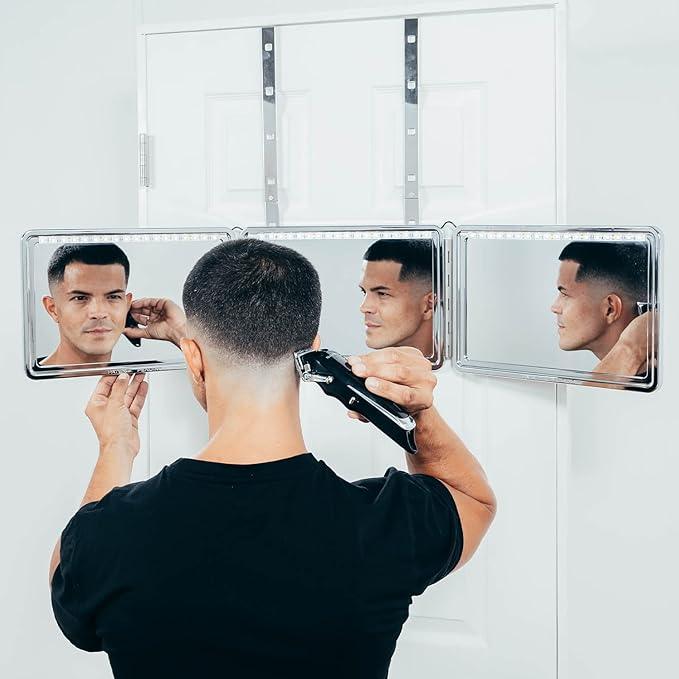 Self-Cut System LED 3 Way Mirror for Self Hair Cutting, Trifold Barber Mirror with Height Adjustable Hooks, 360 View, Includes Free Educational Mobile App (Heaven Lights) - ModernBath