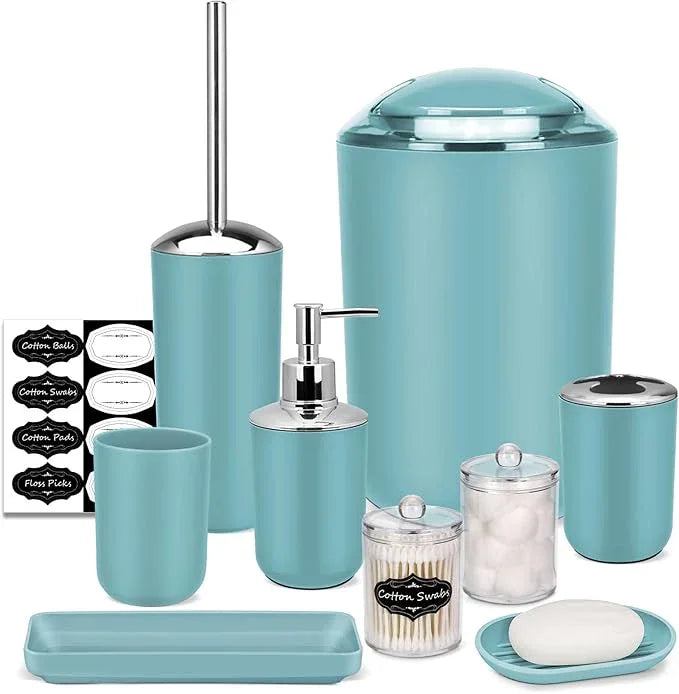 IMAVO Bathroom Accessories Set,Blue Bathroom Set,9 Pieces Bathroom Accessory Set,Tray,Qtip Holders,Toilet Brush,Trash Can for Bathroom Décor and Home Gifts - ModernBath
