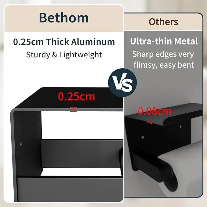 Toilet Paper Holder with Shelf Wall Mount, Self Adhesive or Screw in, Tissue Holder for Bathroom Washroom RV with Spring Rod, Matte Black - ModernBath