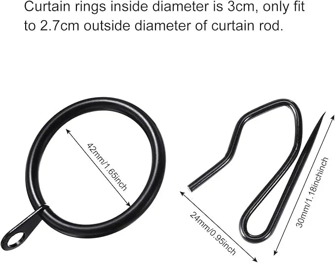 Hotop 30 Pcs Metal Drapery Curtain Rings 0.98/1.26/1.65 inch Interior Diameter and 30 Pcs Hanging Curtain Drapery Pin Hooks for Window Door Shower(Black,42 mm) - ModernBath