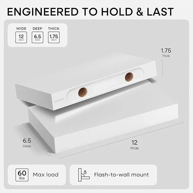 Homeforia White Floating Shelf 12 inch, High End Solid Real Wood Small 12inch Floating Shelves for Wall Mounted, White Wooden 12 in Floating Shelves, Heavy Duty Bracket, 12 X 6.5 X 1.75 inch, Set of 2 - ModernBath