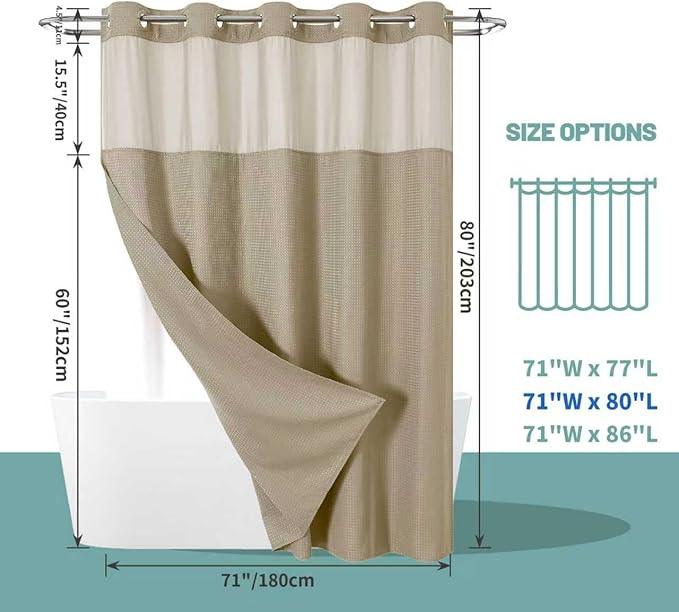 eachope Khaki No Hook Waffle Weave Shower Curtain with snap-in Liner Replacement, 230GSM Waterproof Fabric Hotel Shower Curtain Set for Bathroom, Through Mesh Top Window,71Wx80H - ModernBath