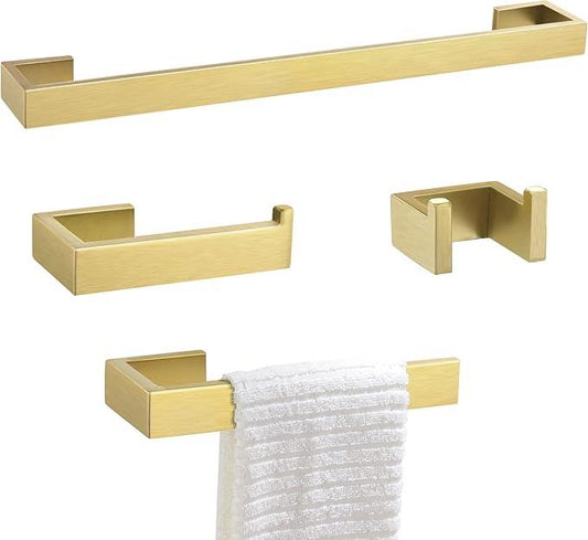 Gold Towel Bar Set 4 Pieces Bathroom Hardware Set Wall Mounted Stainless Steel,Towel Bar+Towel Holder+Towel Hook+Toilet Paper Holder,23.6 inch - ModernBath