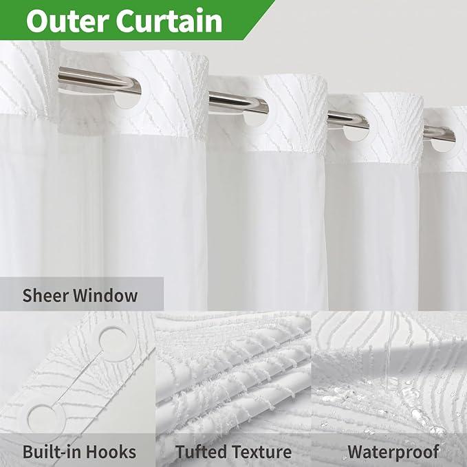 eachope stall no Hook Tufted Shower Curtain with snap in Liner Set, White Waterproof Fabric Inner Liner,Boho Style Shower Curtain with See Through top Window, White, 36Wx74H - ModernBath