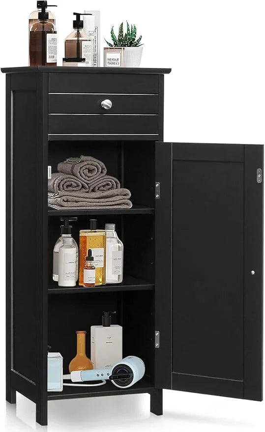 GOFLAME Bathroom Storage Cabinet, Freestanding Wooden Storage Cabinet with Large Drawer, 2 Adjustable Shelves with 7 Positions, Bathroom Floor Cabinet Organizer for Living Room, Black - ModernBath