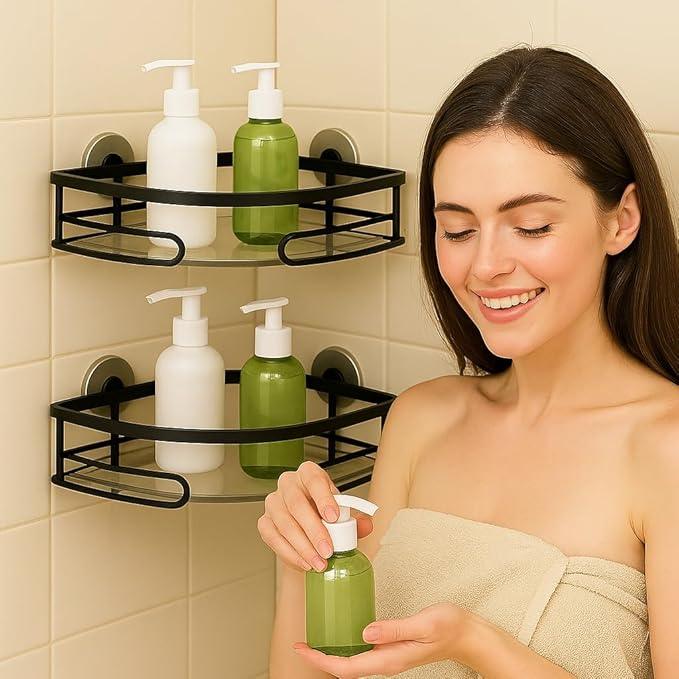 2-Pack Corner Shower Caddy - Rustproof Premium Metal Shelves with Adhesive Pads, No Drilling Required, Hanging Bathroom Organizers and Storage - Black - ModernBath