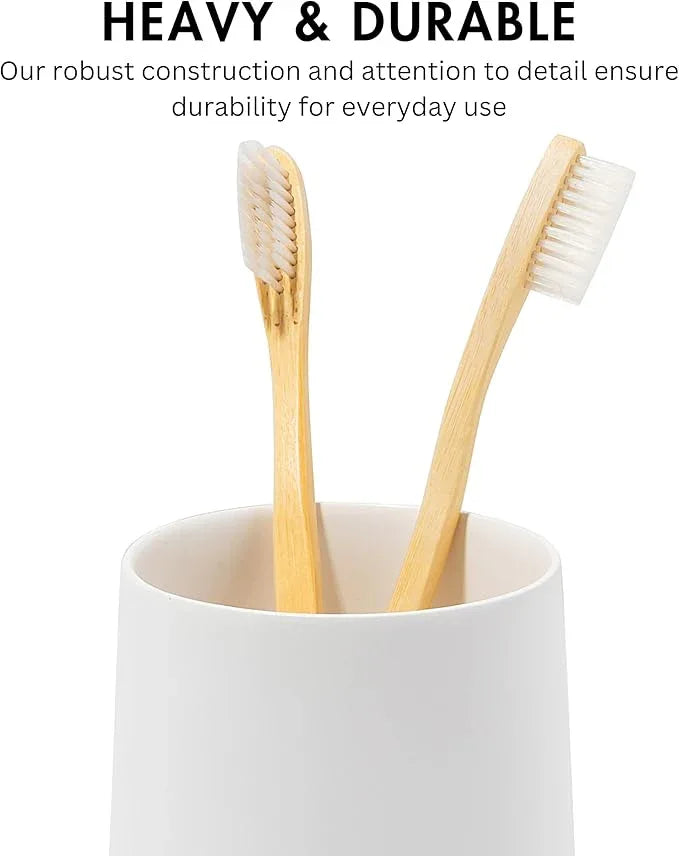 Yew Design Matte White Toothbrush and Toothpaste Holder and Cup for Bathroom Vanity and Countertop, Round Organizer for Electric Toothbrushes, Floss, Razors, Cotton, and Mouthwash - ModernBath