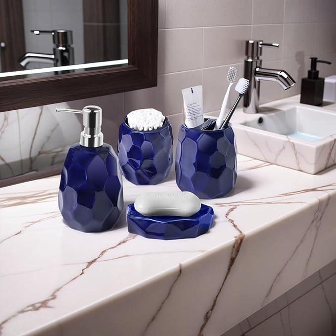 Ceramic Bathroom Accessories Set 4 PCS,Bathroom Toothbrush Holder Set,Soap and Toothbrush Holder Set,Include Toothbrush Holder,Soap Dispenser,Tumbler,Soap Dish,Bathroom Sets Decor Organizer(Navy Blue) - ModernBath