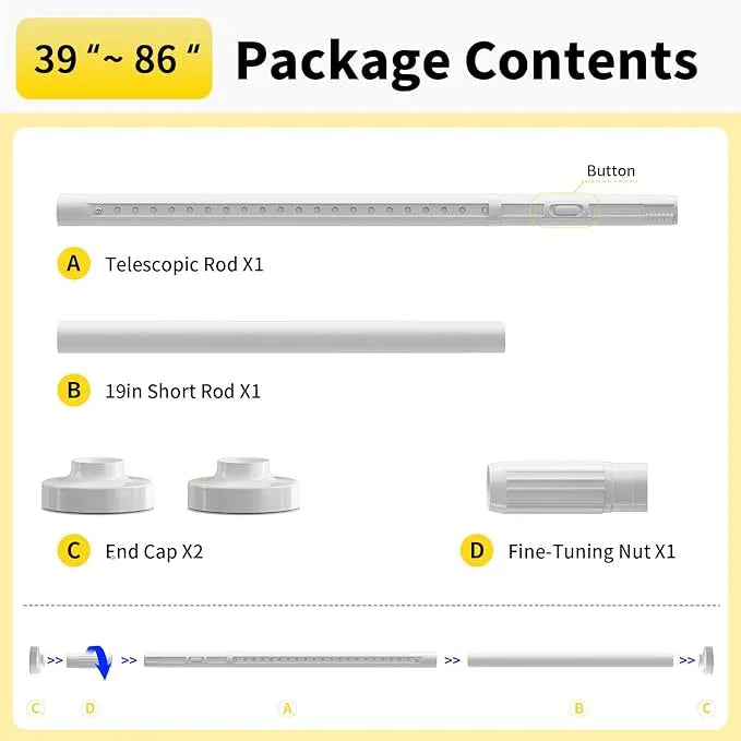Treije Tension Curtain Rod 39-86 Inch, Curtain Rod No Drilling for Window or Bathroom Patio, Adjustable Heavy Duty Shower Curtain Rod, Easy to Install, Never Rust, Rod Diameter 1.26 Inches-White - ModernBath