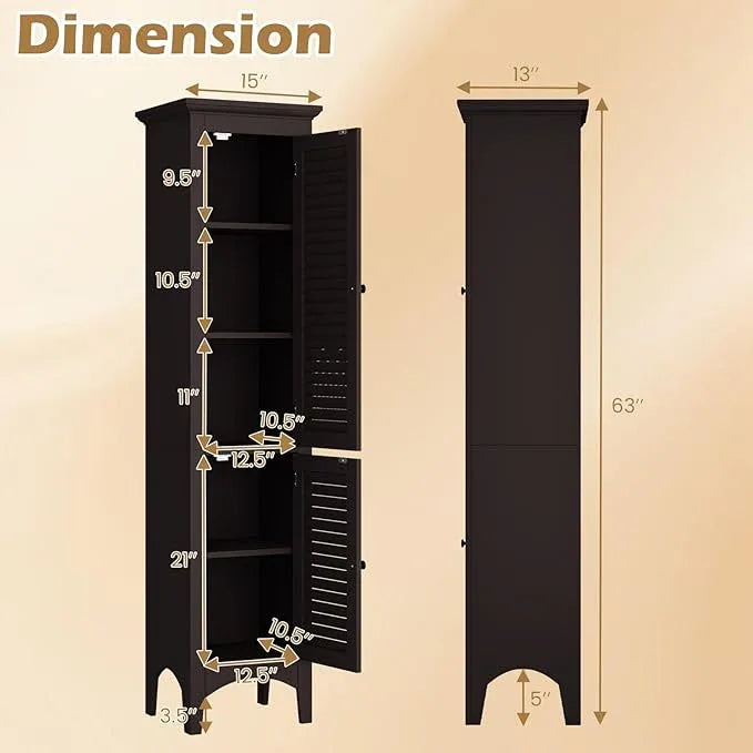 Tangkula 63" Tall Bathroom Storage Cabinet, Freestanding Narrow Linen Tower with Adjustable Shelf, Modern Slim Floor Cabinet with 2 Doors for Bathroom, Living Room, Kitchen (Brown) - ModernBath