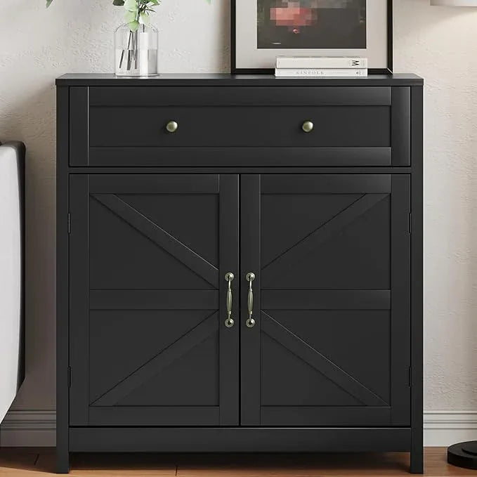 Buffet Sideboard with 2 Barn Doors,Black Kitchen Cabinet with Adjustable Shelf, Freestanding Floor Storage Cabinet - ModernBath