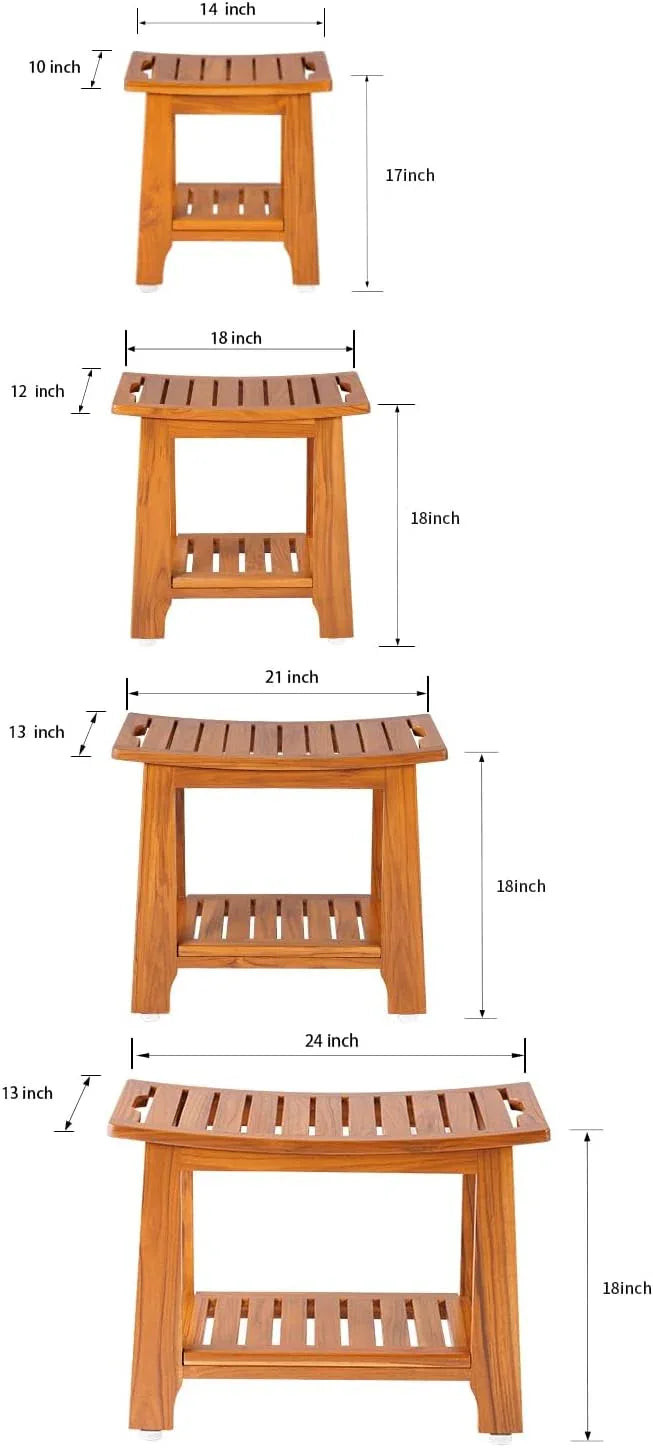 14" Compact Teak Shower Stool with Shelf & Handle - Waterproof, Non-Slip Bath Bench for Small Bathrooms/Outdoor Use, 300 lbs Capacity (Patented) - ModernBath