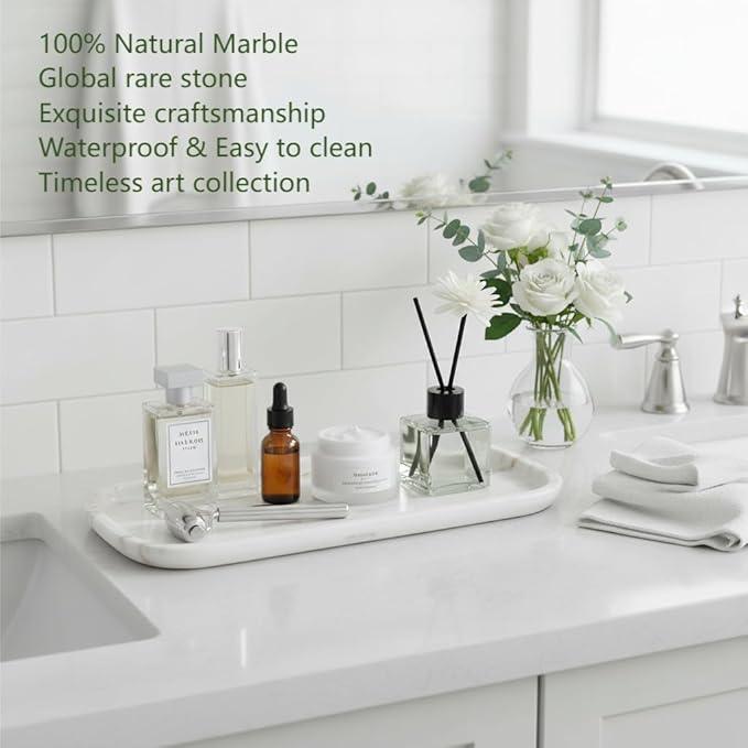 MarmorReal Natural Marble Bathroom Tray for Perfume, Candles, Jewelry Stone Vanity, Bathroom & Kitchen Counter Organizer and Home Decor (Calacatta Gold‌ Marble(11.41 * 5.51 * 0.7)) - ModernBath
