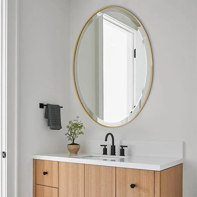 POZINO Brushed Gold Beveled Mirror, 24"x36" Brass Oval Mirrors, Bathroom Mirror for Over Sink, Modern Rounded Vanity Wall Mirrors in Premium Stainless Steel Frame, Hangs Horizontal Or Vertical - ModernBath