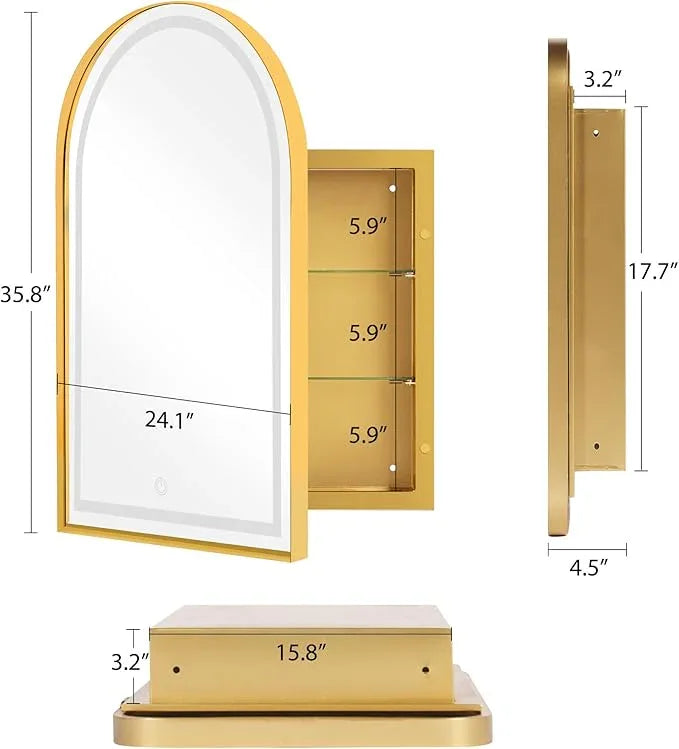 soges LED Medicine Cabinet Lighted Bathroom Mirror, 36”x24” Arched Recessed Medicine Cabinet with 2 Storage Shelves & Beveled Edge Mirror for Bathroom, Wall Mounted Mirror Cabinet, Gold - ModernBath