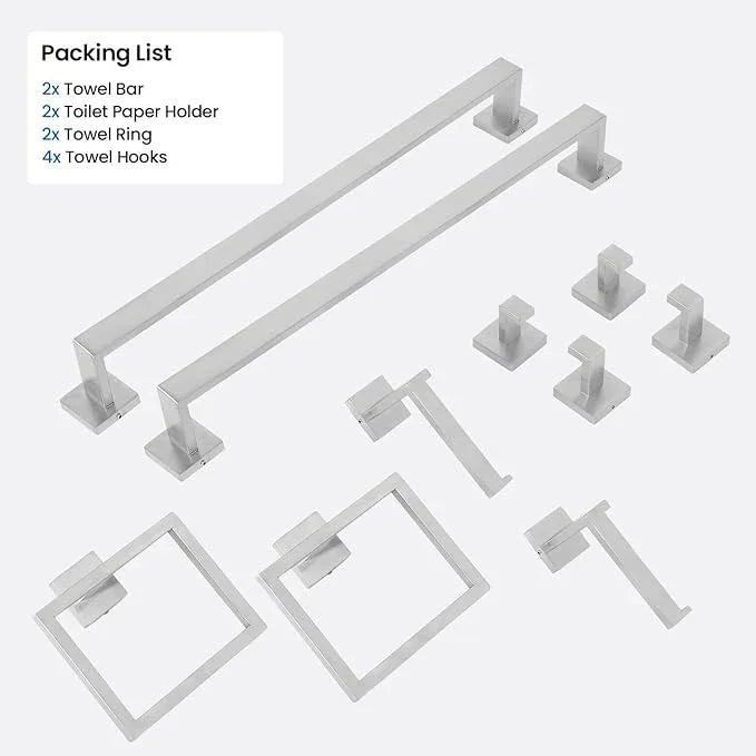 FAHKNS 10 PCS Bathroom Hardware Accessories Set 23.6 Inch Stainless Steel Bath Towel Bar Set Square Towel Ring Set for Bathroom Wall Mounted, Silver - ModernBath
