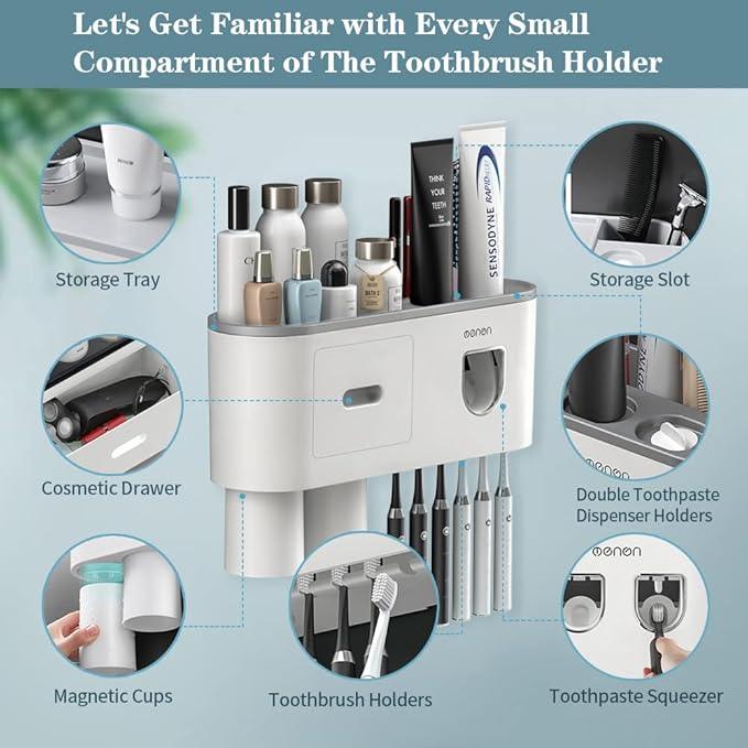 BHeadCat Toothbrush Holders Wall Mounted, Toothbrush Holder with Automatic Toothpaste Dispensers, 6 Brush Slots, 2 Magnetic Cups,1 Cosmetic Drawer Organizer and 1 Large Storage Tray - ModernBath