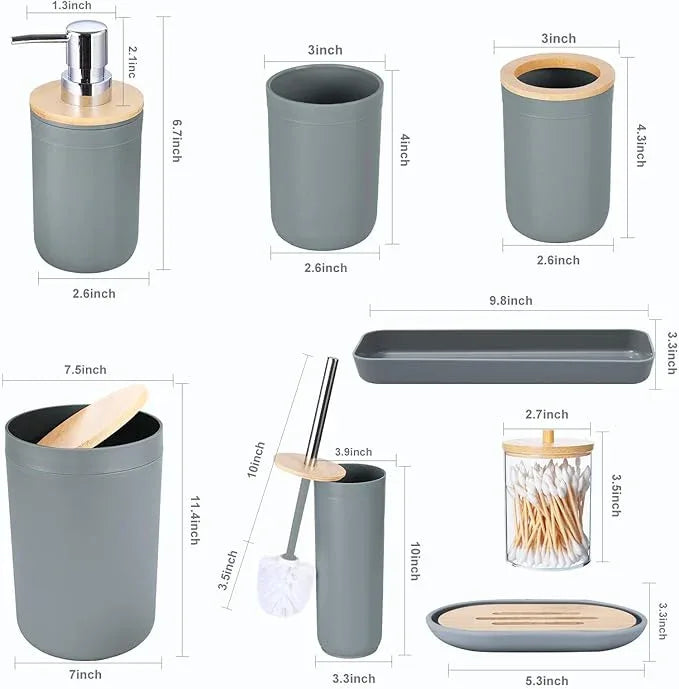 iMucci 9Pcs Grey Bathroom Accessories Set with Trash Can,Toilet Brush,Toothbrush Holder, Lotion Soap Dispenser, Soap Dish,Toothbrush Cup,Vanity Tray,Qtip Holder - ModernBath