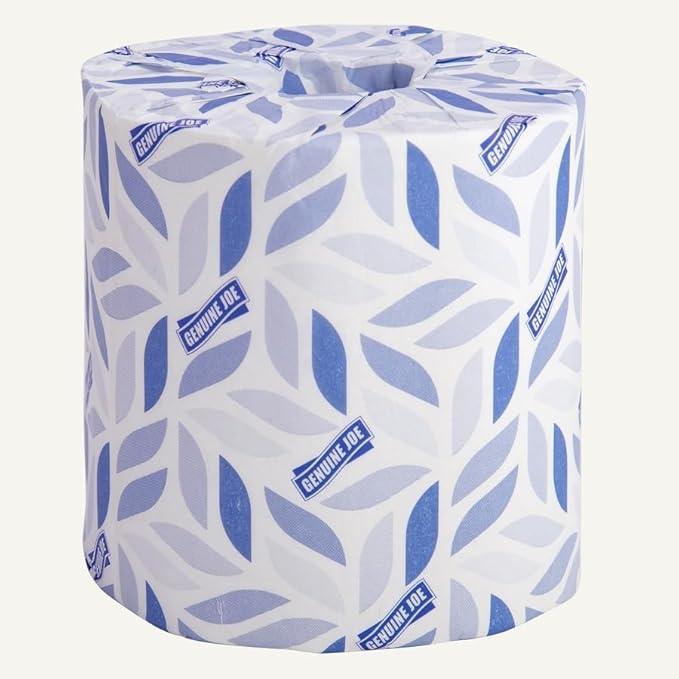 Genuine Joe Embossed Bath Tissue, 2-Ply, Septic Safe, Individually Wrapped, 4.5" x 3.75", 500 Sheets/Roll, 96 Count - ModernBath