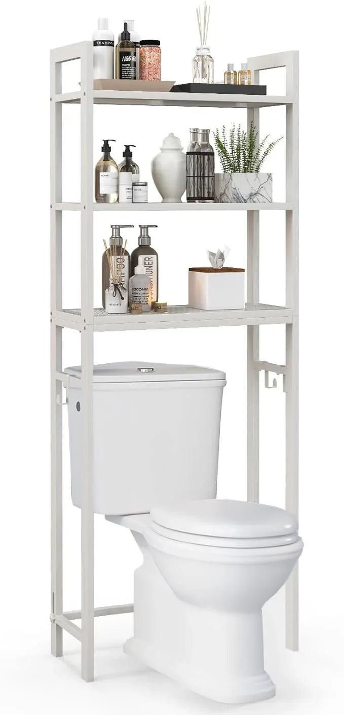 Giantex Over The Toilet Storage Shelf, 3-Tier Freestanding Space Saver Above Toilet Shelves with 3 Hooks & Adjustable Bottom Bar, Over Toilet Bathroom Organizer for Restroom, Laundry (White) - ModernBath