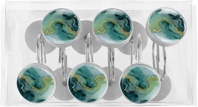12 Packs Abstract Green Marble Shower Curtain Hooks, Crystal Glass Shower Curtain Rings for Bathroom, Rustproof Metal Curtain Rod Hooks - ModernBath