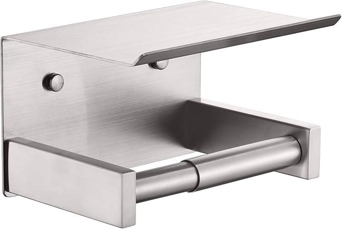 KOKOSIRI Roll Paper Holder Spring Loaded Bathroom Toilet Paper Holder Tissue Paper Holder with Shelf Wall Mounted Stainless Steel Brushed Nickel B2012BR - ModernBath
