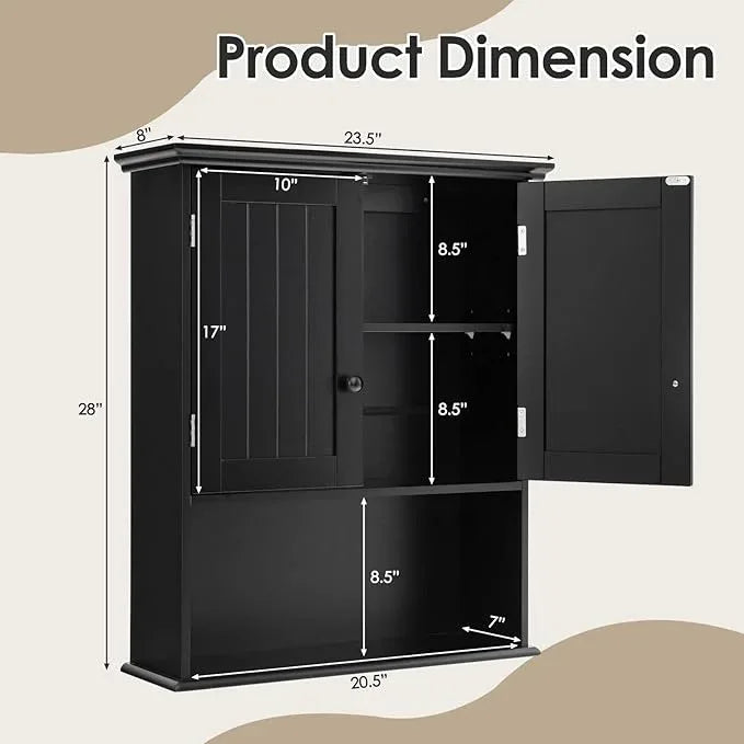 Tangkula Wall Mount Bathroom Cabinet Wooden Medicine Cabinet Storage Organizer with 2-Doors and 1-Shelf Cottage Collection Wall Cabinet (Black) - ModernBath