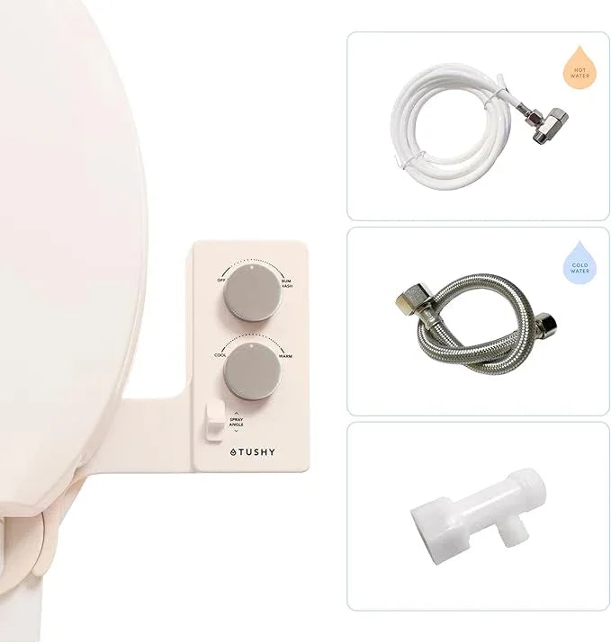 TUSHY Spa Self-Cleaning Warm Water Toilet Bidet Attachment. Adjustable Nozzle, Angle & Pressure Control. Easy DIY Home Install, Requires Sink Access for Optional Warm Water Control. (Biscuit/Platinum) - ModernBath