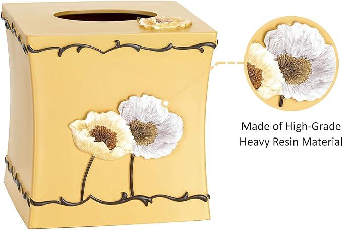 Zahari Home 2pc Poppy Fields Modern Bath Accessories Set Waste Basket & Tissue Box Modern Classic Contemporary Decorative Beautiful Designs Bathroom Decor Set for Home Luxury Yellow Bath Set - ModernBath