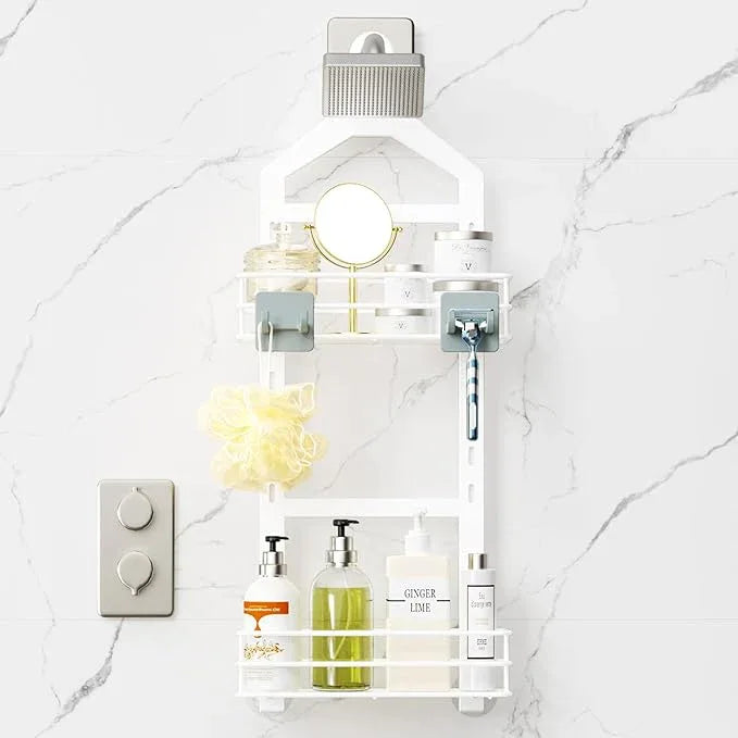 Orimade Adjustable Anti-slip Shower Caddy over Shower Head, Rustproof Bathroom Hanging Shower Organizer with 2 Hooks for Razor, No Drilling Shelves Storage Rack 2 Tier, White - ModernBath