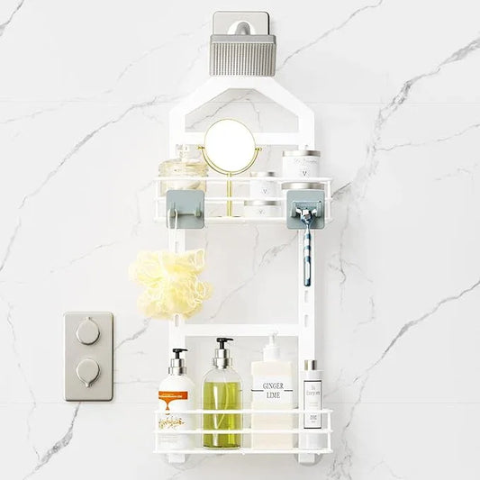 Orimade Adjustable Anti-slip Shower Caddy over Shower Head, Rustproof Bathroom Hanging Shower Organizer with 2 Hooks for Razor, No Drilling Shelves Storage Rack 2 Tier, White - ModernBath