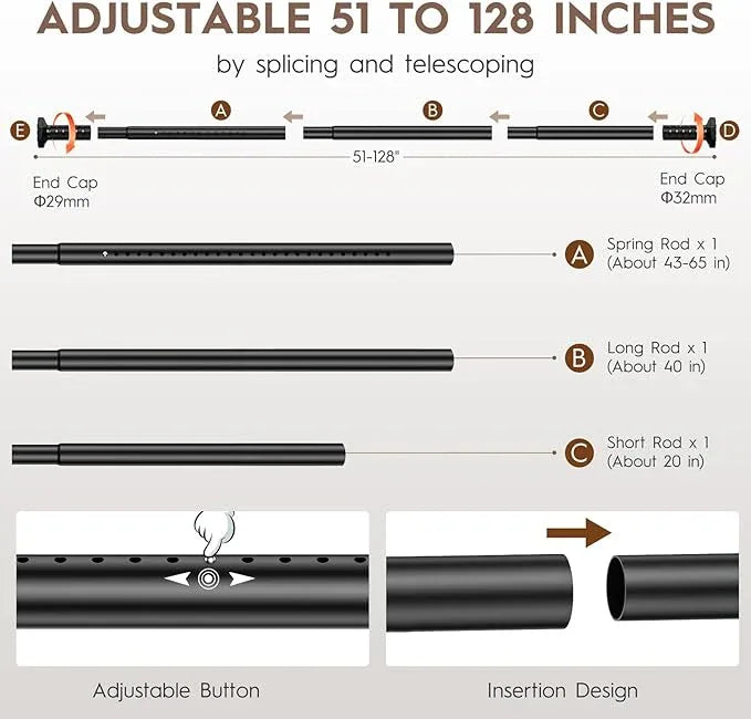 ZYKORT Tension Curtain Rod 51-128 In (4-10Ft), Shower Curtain Rod No Drilling for Bathroom, Long Outdoor Curtain Rod for Patio Never Rust, Adjustable Tension Rod Diameter 1.26 In Renter Friendly Black - ModernBath