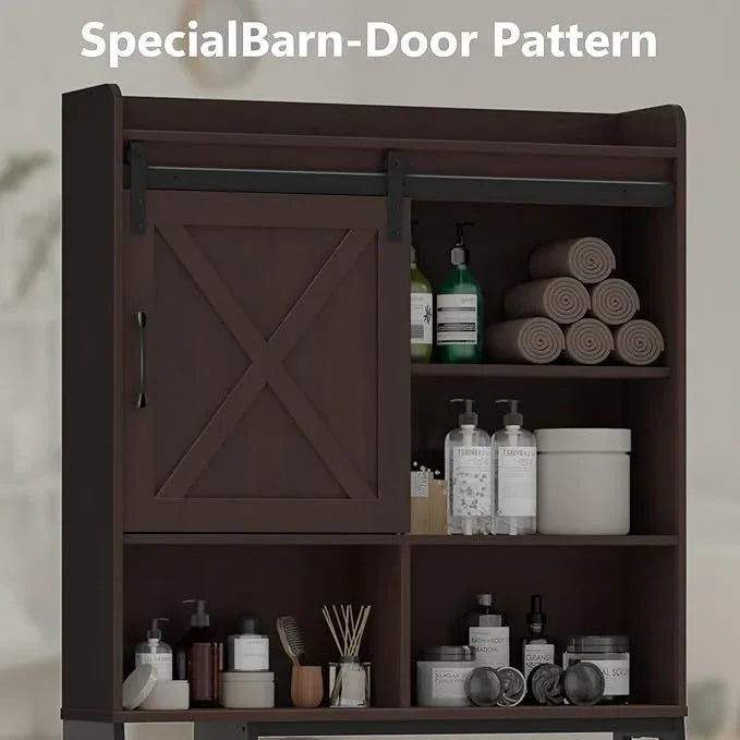 Over The Toilet Storage Cabinet, Farmhouse Storage Cabinet Over Toilet with Sliding Door & Toilet Paper Holder Stand，Home Space-Saving Toilet Rack, for Bathroom, Restroom, Laundry.Espresso - ModernBath
