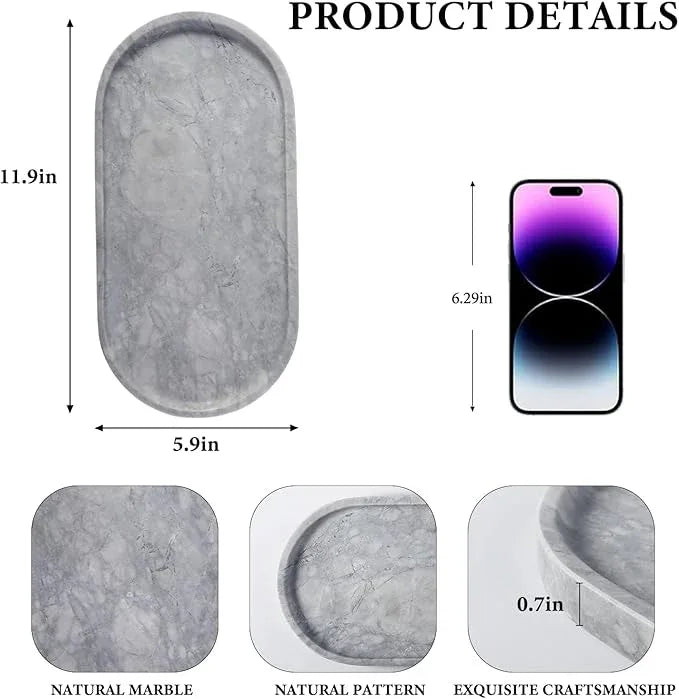 Koville Grey Marble Tray for Bathroom Countertop, 12"x6" Vanity Decorative Marble Tray for Dresser, Stone Catchall Trays for Perfume, Candles, Jewelry, Stone Gray Storage Trays for Home Decor - ModernBath