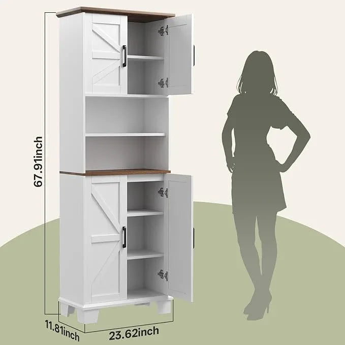 Farmhouse Bathroom Storage Cabinet, 67.9" Tall Freestanding Cabinet with 7 Adjustable Shelves & Barn Doors, Multipurpose Pantry Cupboard for Kitchen, Bathroom, Living Room, Dining Room - ModernBath