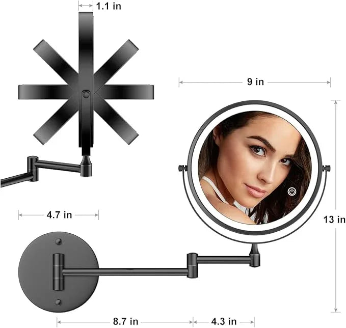 Rocollos 9" Wall Mounted Lighted Makeup Mirror, Large Double Sided 1X/10X Magnifying Mirror, 3 Color LED Vanity Mirror, Touch Dimmable 360° Swivel Light Up for Bathroom - ModernBath