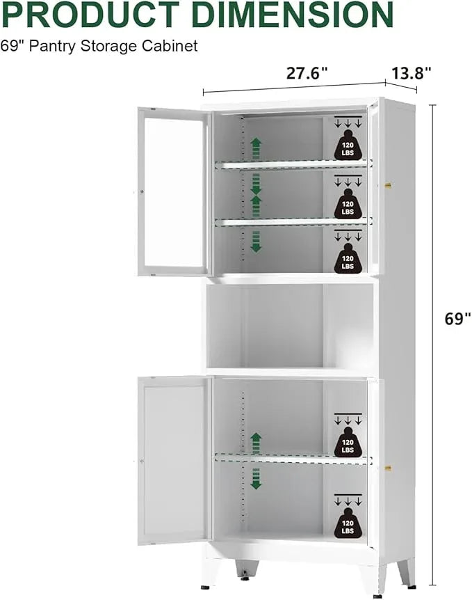 Metal Kitchen Pantry Cabinet, 69" Tall Storage Cabinet with 4 Doors and 3 Adjustable Shelves, Freestanding Cupboards for Dining Room, Living Room, Bathroom (White-Glass, 69" H) - ModernBath